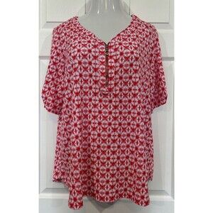 Susan Graver Printed Liquid Knit Stretch Half Zip Top Coral Plus Size 1X